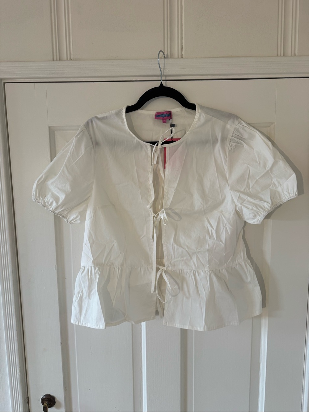 White Tie-Front Peplum Short Sleeve Top